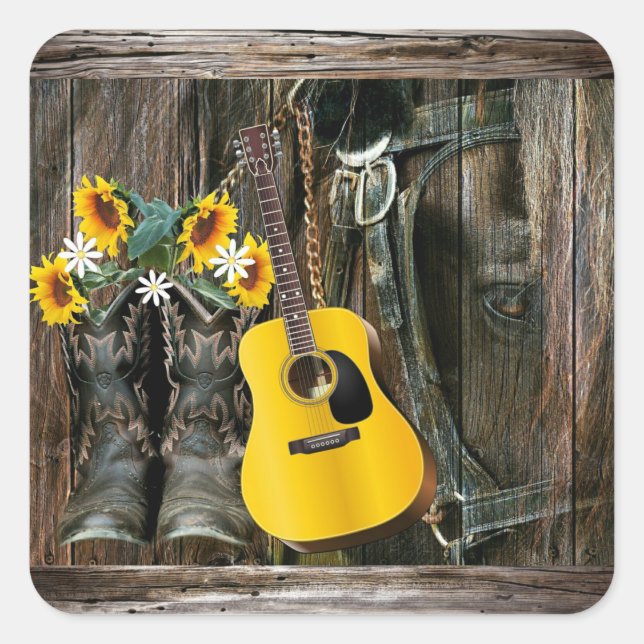 Adesivo Quadrado Western Horse Cowboy Botas Guitar Sunflower Squar (Frente)