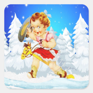 Adesivo Quadrado Western Little Cowgirl Na Cena De Inverno Do Stick