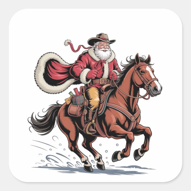 Adesivo Quadrado Western Riding Rodeo Horse Cowboy Santa Christmas (Frente)