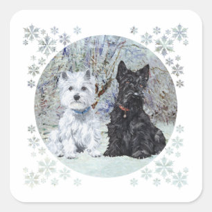 Adesivo Quadrado Westie e Scottie na Paisagem de Neve