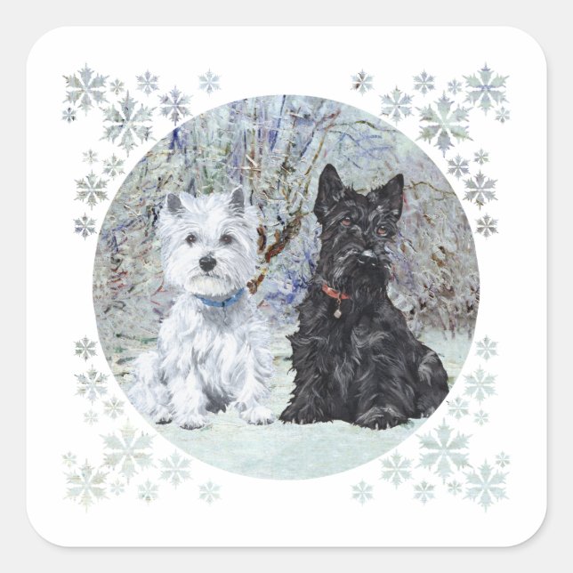 Adesivo Quadrado Westie e Scottie na Paisagem de Neve (Frente)