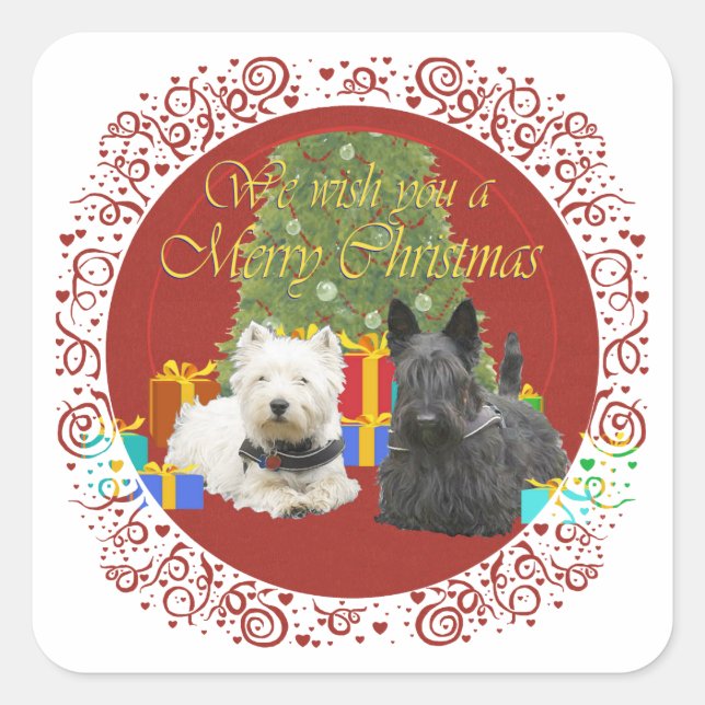 Adesivo Quadrado Westie & Scottie Felry Natal (Frente)