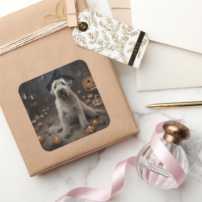 Adesivo Quadrado Wheaten Terrier Pumpkins Halloween Assustado (Presentear)