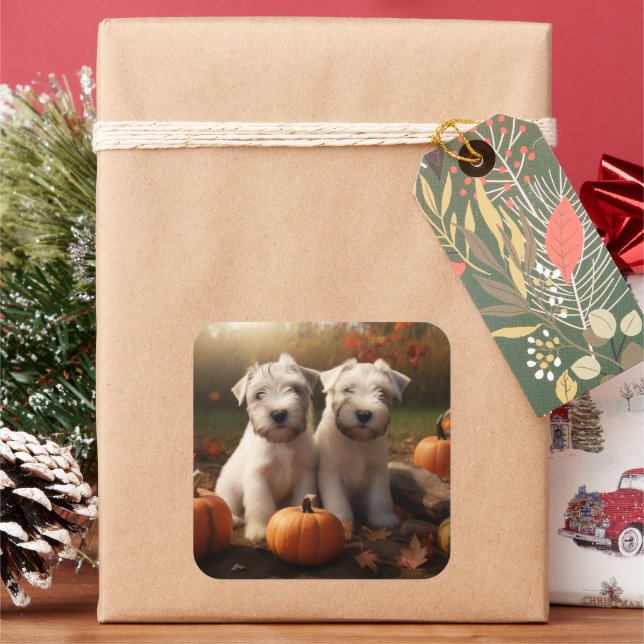 Adesivo Quadrado Wheaten Terrier Puppy Autumn Delight Pumpkin (Feriado)