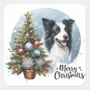 Adesivo Quadrado Whimsic Herding Border Collie Dog Merry Xmas