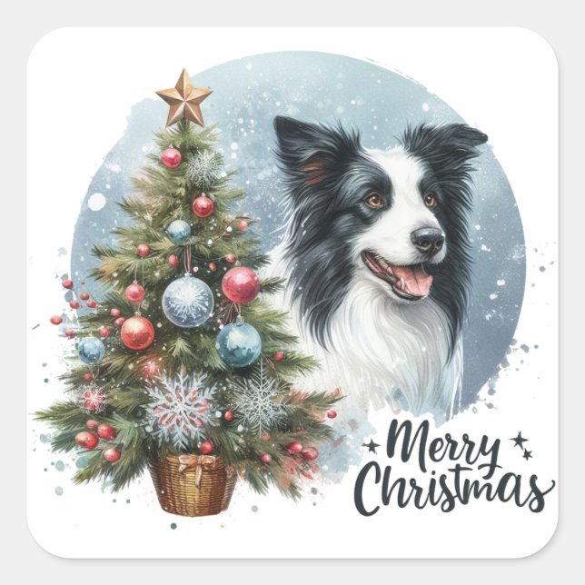 Adesivo Quadrado Whimsic Herding Border Collie Dog Merry Xmas (Frente)