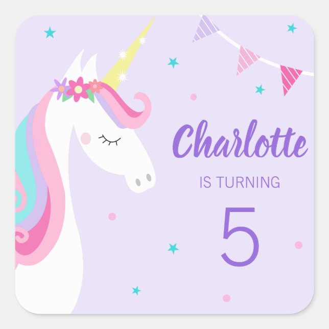 Adesivo Quadrado Whimsic Rainbow Unicorn Purple 5 Birthday (Frente)