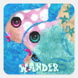 Adesivo Quadrado Whimsical Abstract Fish Trio Blue Personalized