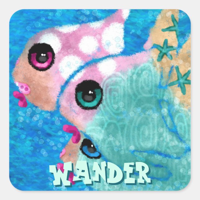 Adesivo Quadrado Whimsical Abstract Fish Trio Blue Personalized (Frente)
