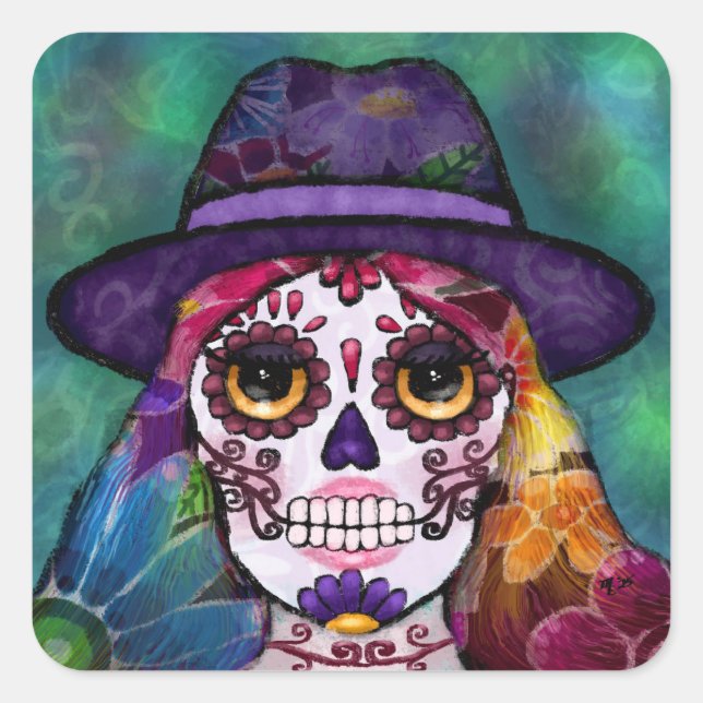 Adesivo Quadrado Whimsical Abstract Floral Hippie Sugar Skull (Frente)