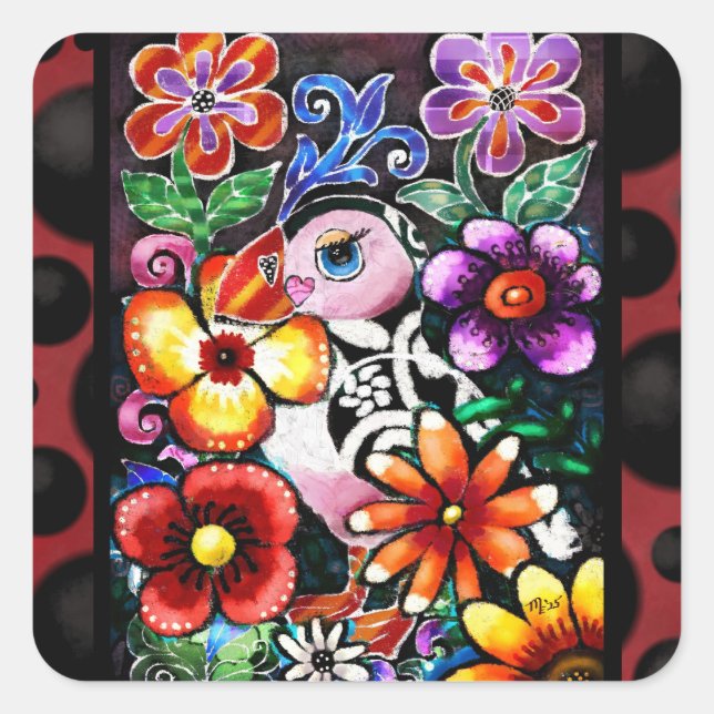 Adesivo Quadrado Whimsical Abstract Puffin Bird in Flowers (Frente)