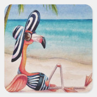 Whimsical Beach Babe Flamingo No. 1 Watercolor Art