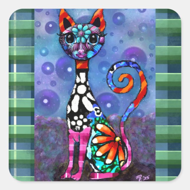 Adesivo Quadrado Whimsical Big-Eyed Funky Abstract Kitty Cat (Frente)