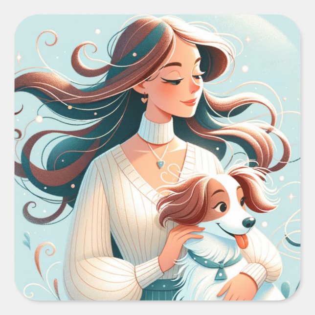 Adesivo Quadrado Whimsical Brunette & Cavalier King Charles Spaniel (Frente)