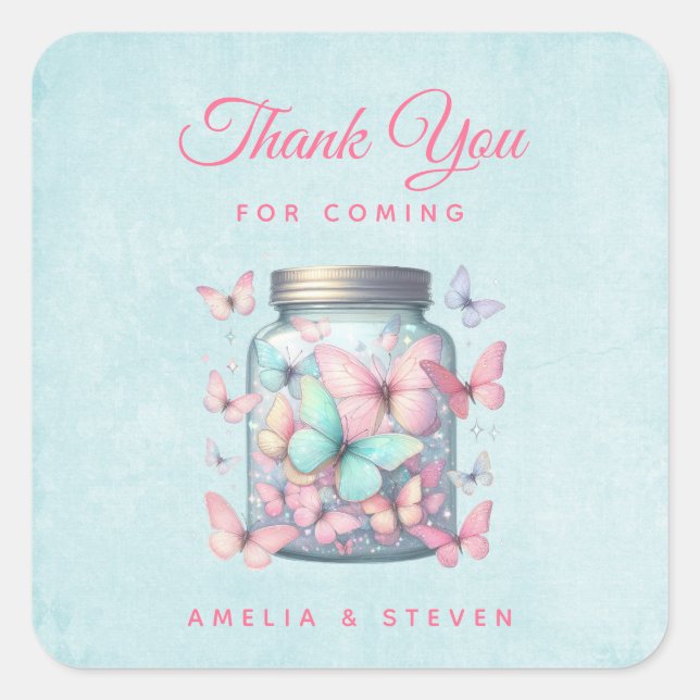 Adesivo Quadrado Whimsical Butterflies in a Jar Wedding Thank You (Frente)