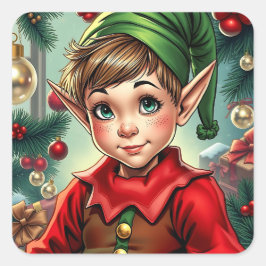 Adesivo Quadrado Whimsical Cartoon Elf | Christmas