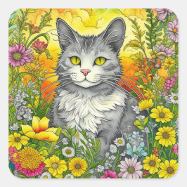 Adesivo Quadrado Whimsical Cat and Flowers