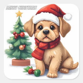 Adesivo Quadrado Whimsical Christmas Puppy Sticker | "Merry Christm
