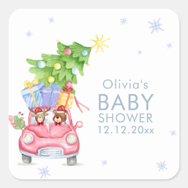 Adesivo Quadrado Whimsical Cold Outside Reindeer Bear Baby Shower  (Frente)