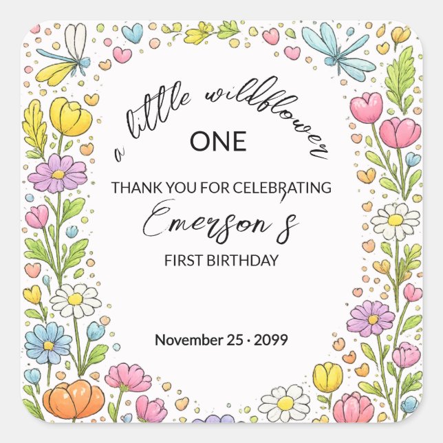 Adesivo Quadrado Whimsical Colorful Little Wildflower 1st Birthday  (Frente)