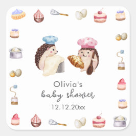 Adesivo Quadrado Whimsical Cute Hedgehog Chef Baker Baby Shower 