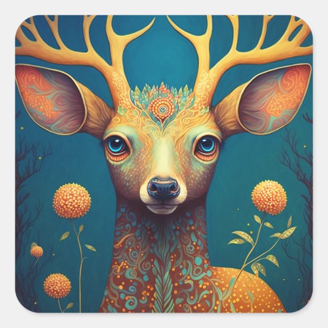 Adesivo Quadrado Whimsical Deer Fantasy Art (Frente)