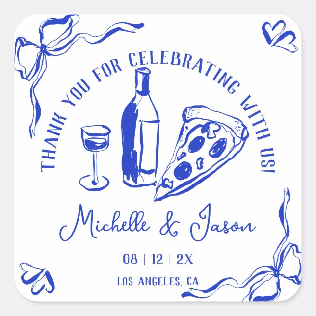 Adesivo Quadrado Whimsical Drawn Pizza Arco Francês Obrigado (Frente)