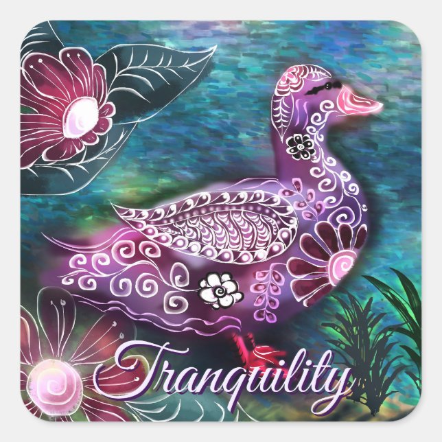 Adesivo Quadrado Whimsical Floral Duck Purple Teal Personalized (Frente)