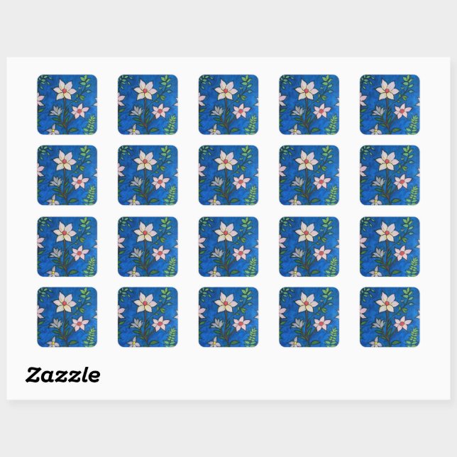 Adesivo Quadrado Whimsical Flowers with Blue Background  (Folha)