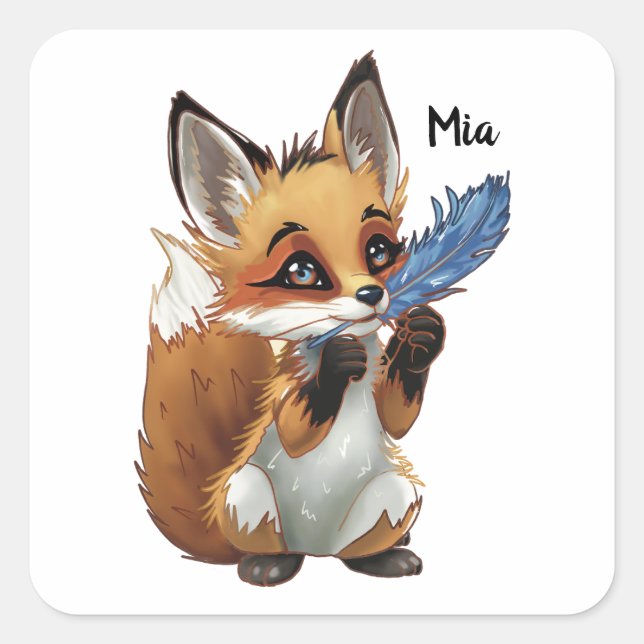 Adesivo Quadrado Whimsical Fox with a Feather (Frente)