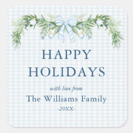 Adesivo Quadrado Whimsical Grandmillenial Gingham Blue Bow Garland