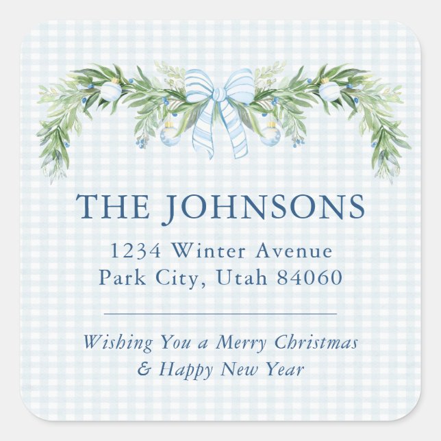 Adesivo Quadrado Whimsical Grandmillenial Gingham Blue Bow Garland (Frente)