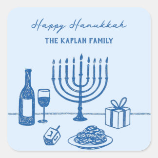 Adesivo Quadrado Whimsical Hand Drawn Hanukkah Party Trendy Custom