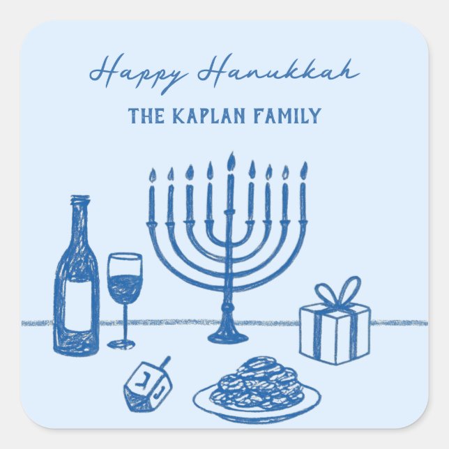 Adesivo Quadrado Whimsical Hand Drawn Hanukkah Party Trendy Custom (Frente)