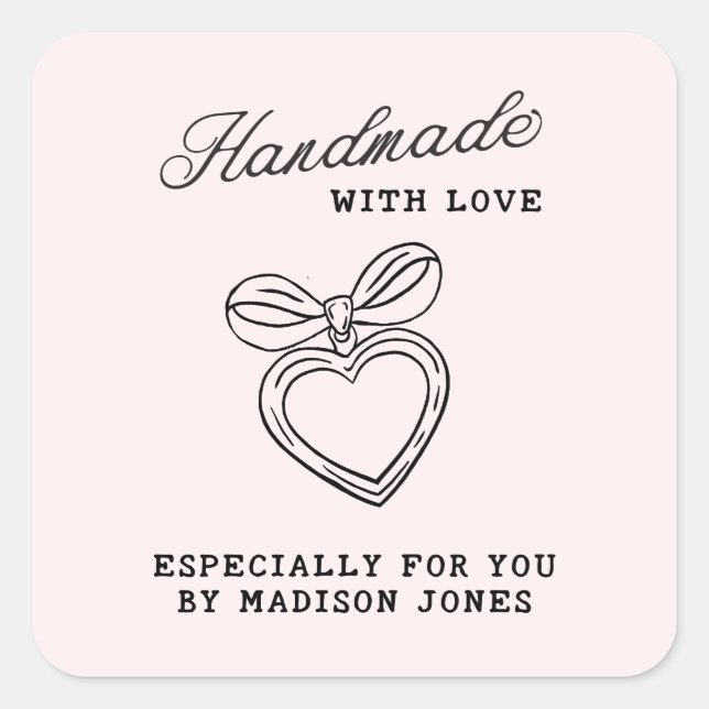 Adesivo Quadrado Whimsical Handmade with Love Script Heart Bow (Frente)