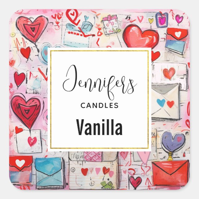 Adesivo Quadrado Whimsical Hearts and Love Letters Candle Business (Frente)