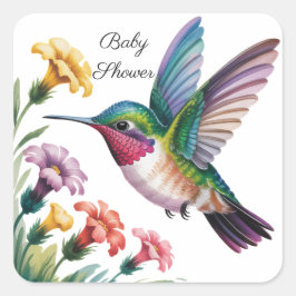 Adesivo Quadrado Whimsical Hummingbird Floral Baby Shower