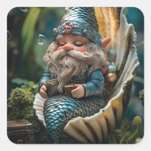 Adesivo Quadrado Whimsical Merman Gnome Figurine em Seashell - Unde