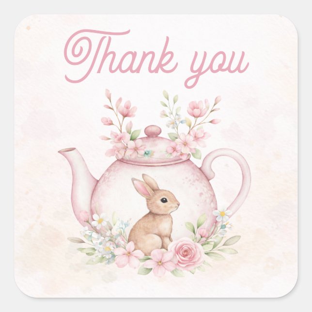 Adesivo Quadrado Whimsical Pink Bunny Teapot Floral Thank you (Frente)