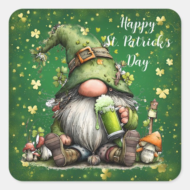 Adesivo Quadrado Whimsical St. Patrick’s Day Gnome Celebration (Frente)
