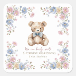Adesivo Quadrado Whimsical Teddy Bear Floral Baby Shower Sticker