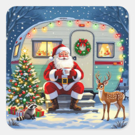 Adesivo Quadrado Whimsical Woodland Christmas and Retro RV Camper