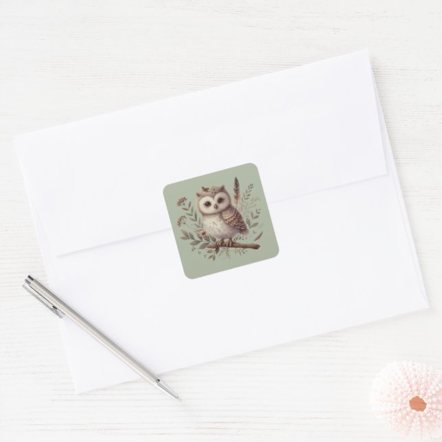 Adesivo Quadrado Whimsical Woodland Owl Botanical Illustration (Envelope)