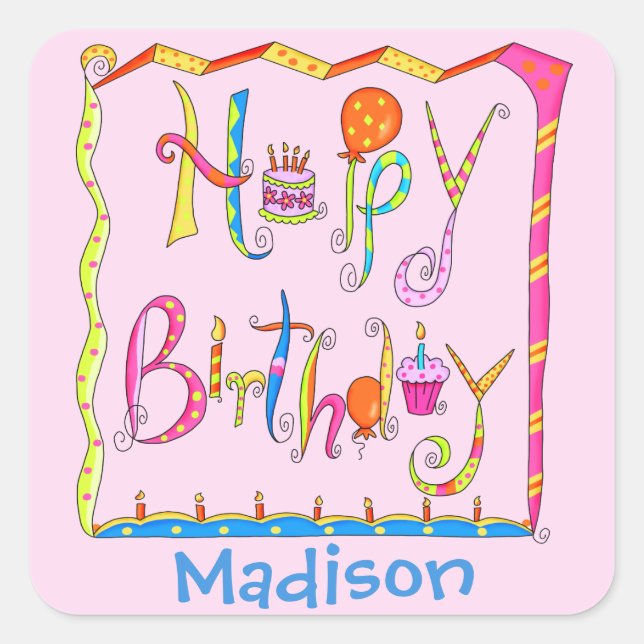 Adesivo Quadrado Whimsy Happy Birthday Name Personalizado Pink (Frente)