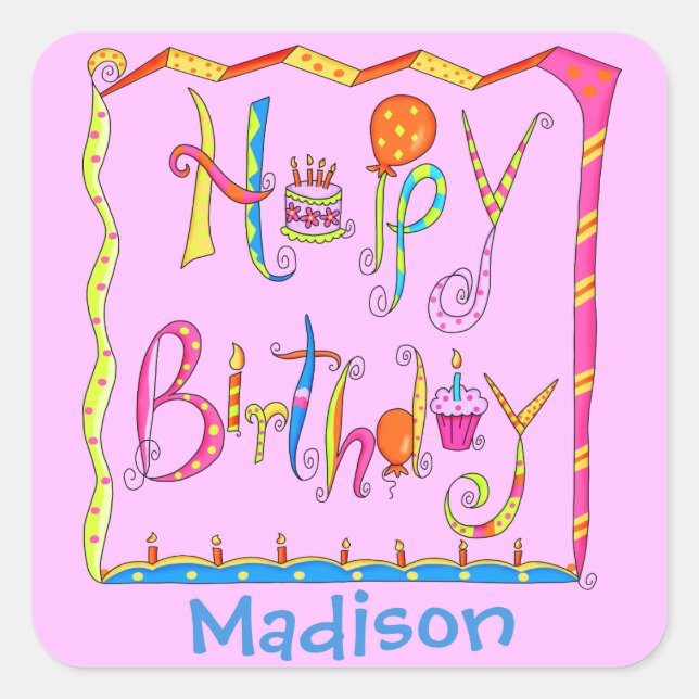 Adesivo Quadrado Whimsy Happy Birthday Name Personalizado Pink (Frente)