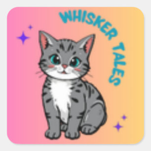 Adesivo Quadrado Whiskers & Tales   Vinheta de Gato de Livro de Tem