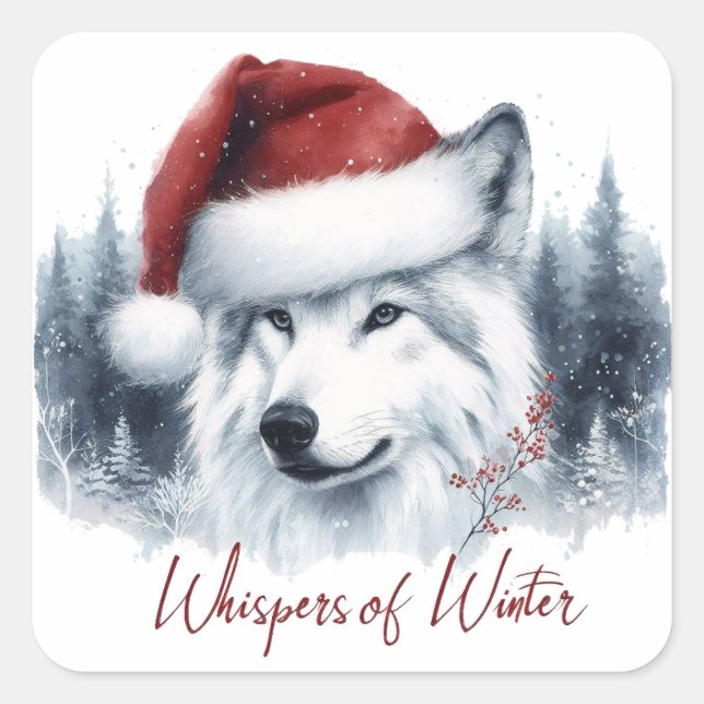 Adesivo Quadrado Whispers do inverno - Lobo Aquarela em Santa Hat (Frente)