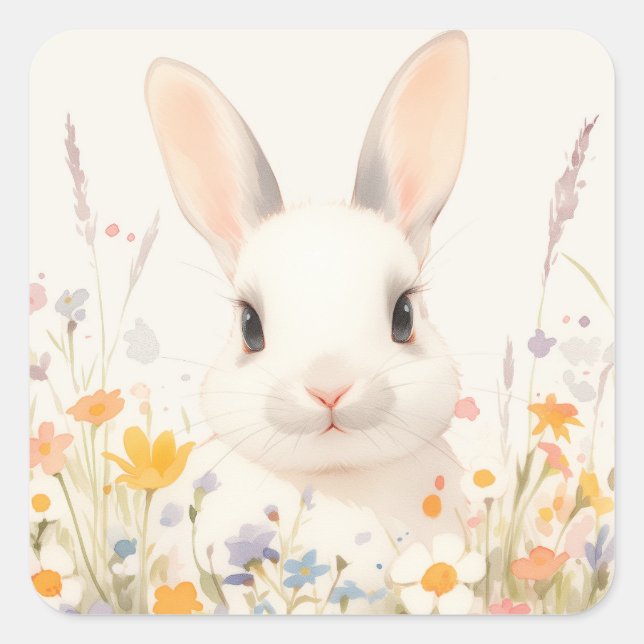 Adesivo Quadrado White Bunny with Pink Nose in Spring Wildflower (Frente)