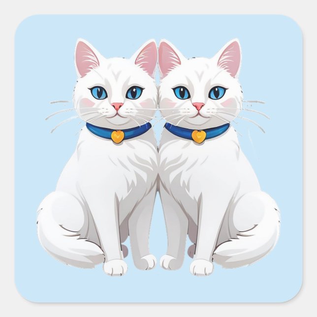 Adesivo Quadrado White Cats With Blue Eyes 💙 Cute Twin Pets (Frente)