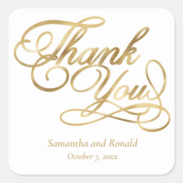 Adesivo Quadrado White & Gold Foil Thank You Calligraphy Wedding (Frente)